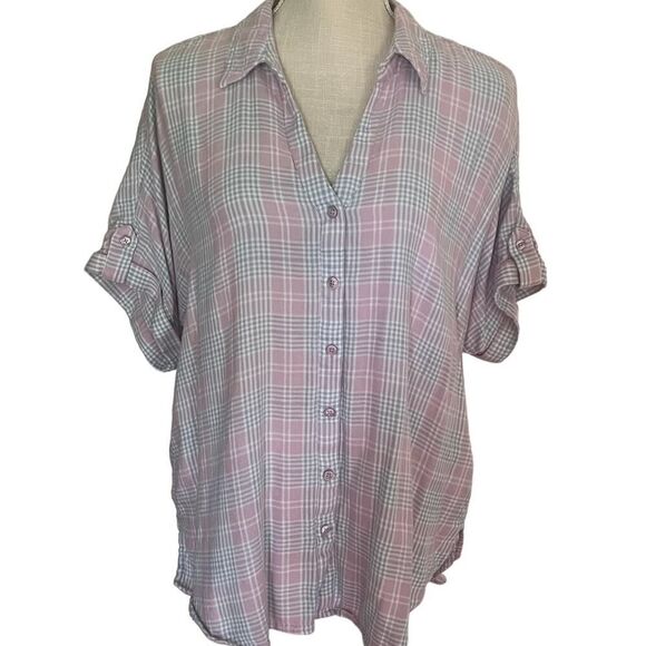 Large Pink & Gray Checkerboard Button Down V Neck Cuff Sleeve Top Gloria Van - Picture 1 of 5